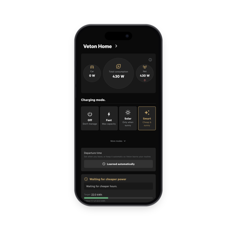 Veton app charging modes including Smart
