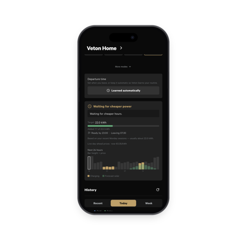 Veton app Smart charging plan with day-ahead prices and solar forecast