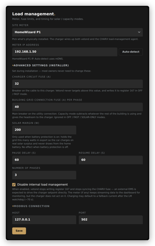 Réglages load management vetond — site meter, disjoncteur de borne, disjoncteur principal