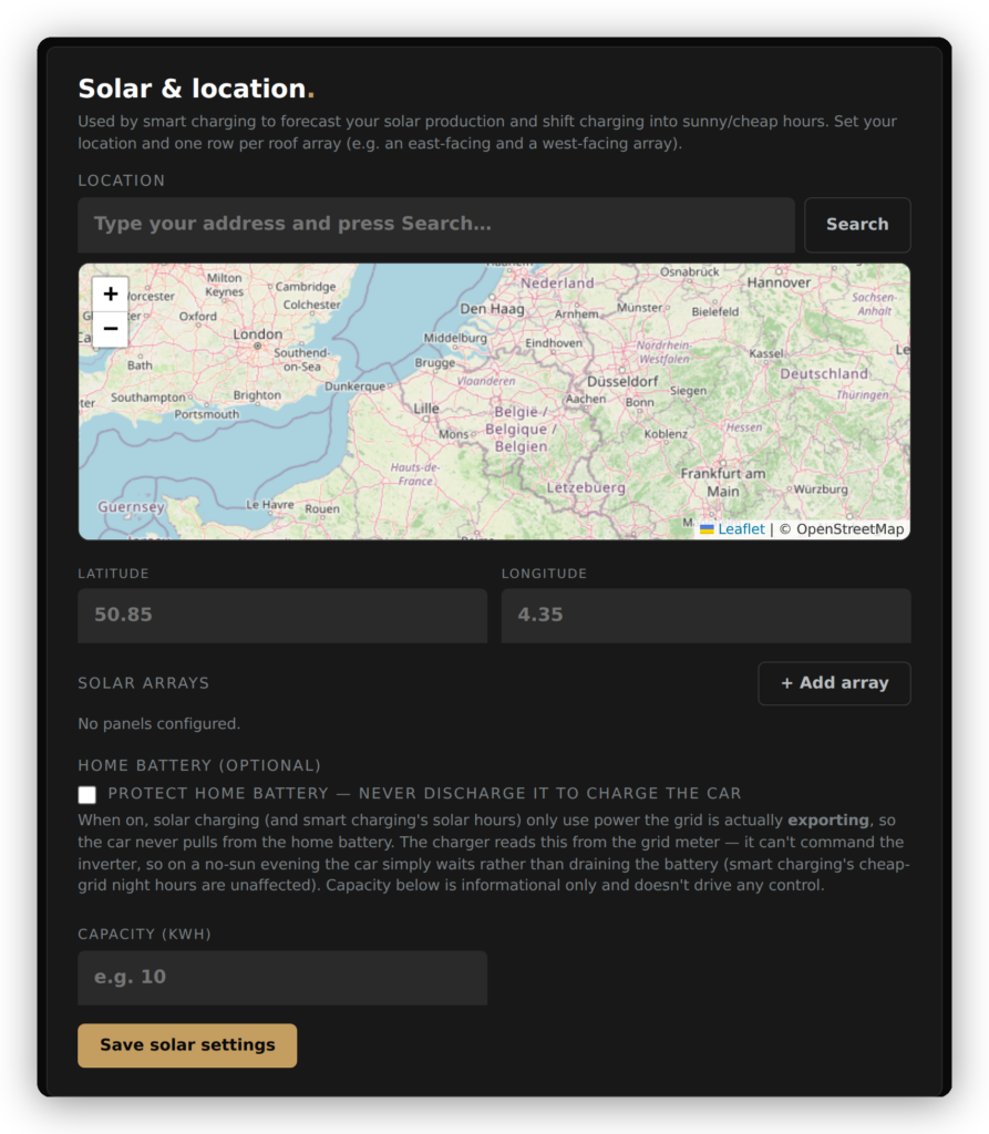 Réglages solaire et localisation vetond — adresse, carte, panneaux solaires, batterie domestique