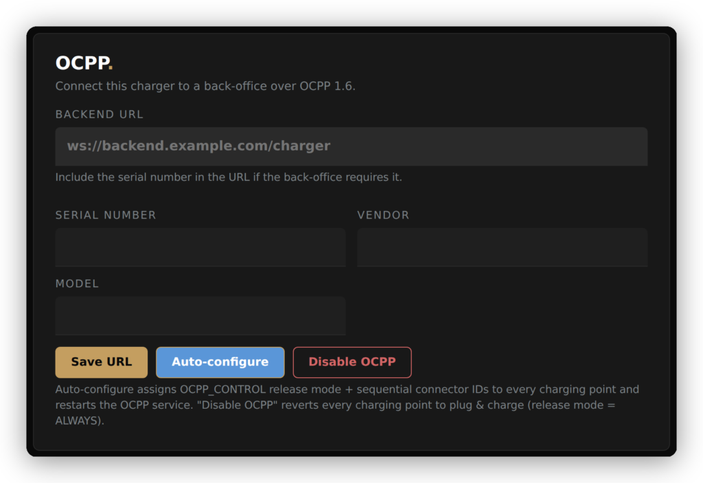 Configuration OCPP vetond — URL backend, numéro de série, fabricant, modèle, auto-configure