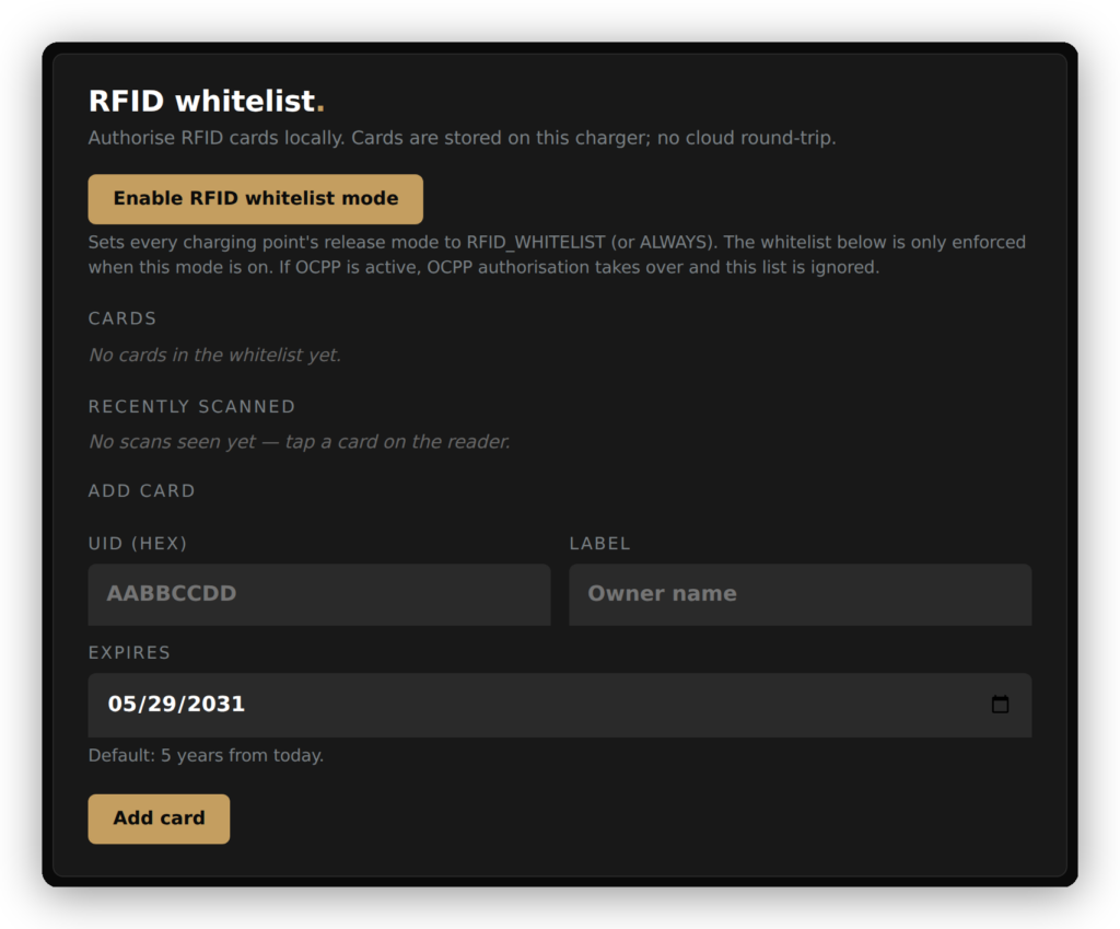 Whitelist RFID vetond — activer le mode, cartes, scannées récemment, ajouter une carte
